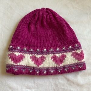 Vintage Marceau Sports 100% Wool Knit Beanie Purple & Cream Hearts